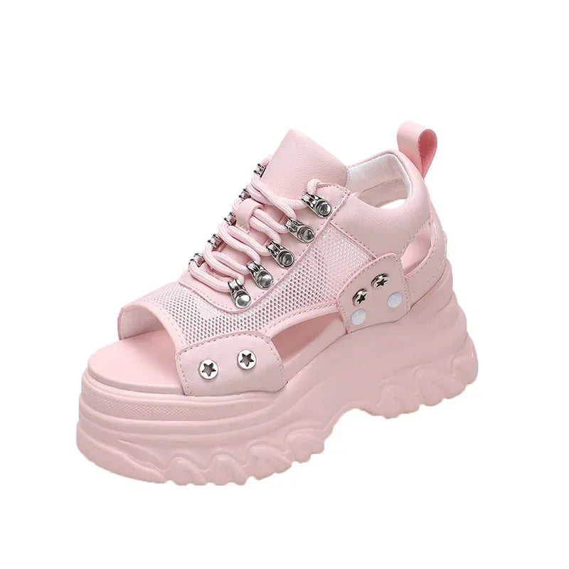 Pink 8CM High Heels Women Summer Platform Sandals Breathable Wedges Ladies Beach Mesh Slippers Chunky Rome Shoes Sandalias Mujer