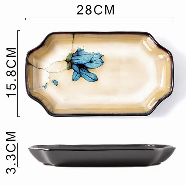 Ceramic hand-painted flowers creative dish plate Japanese tableware household fish plate round fruit plate kiln change rice bowl