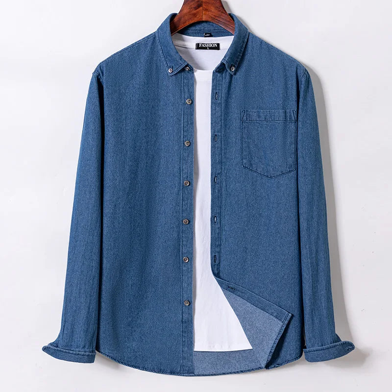 New Jeans Shirts Men Cotton Long Sleeve Button Front Pocket Casual Street Wear Slim Fit Denim Dress Spring Autumn Youth Clothing