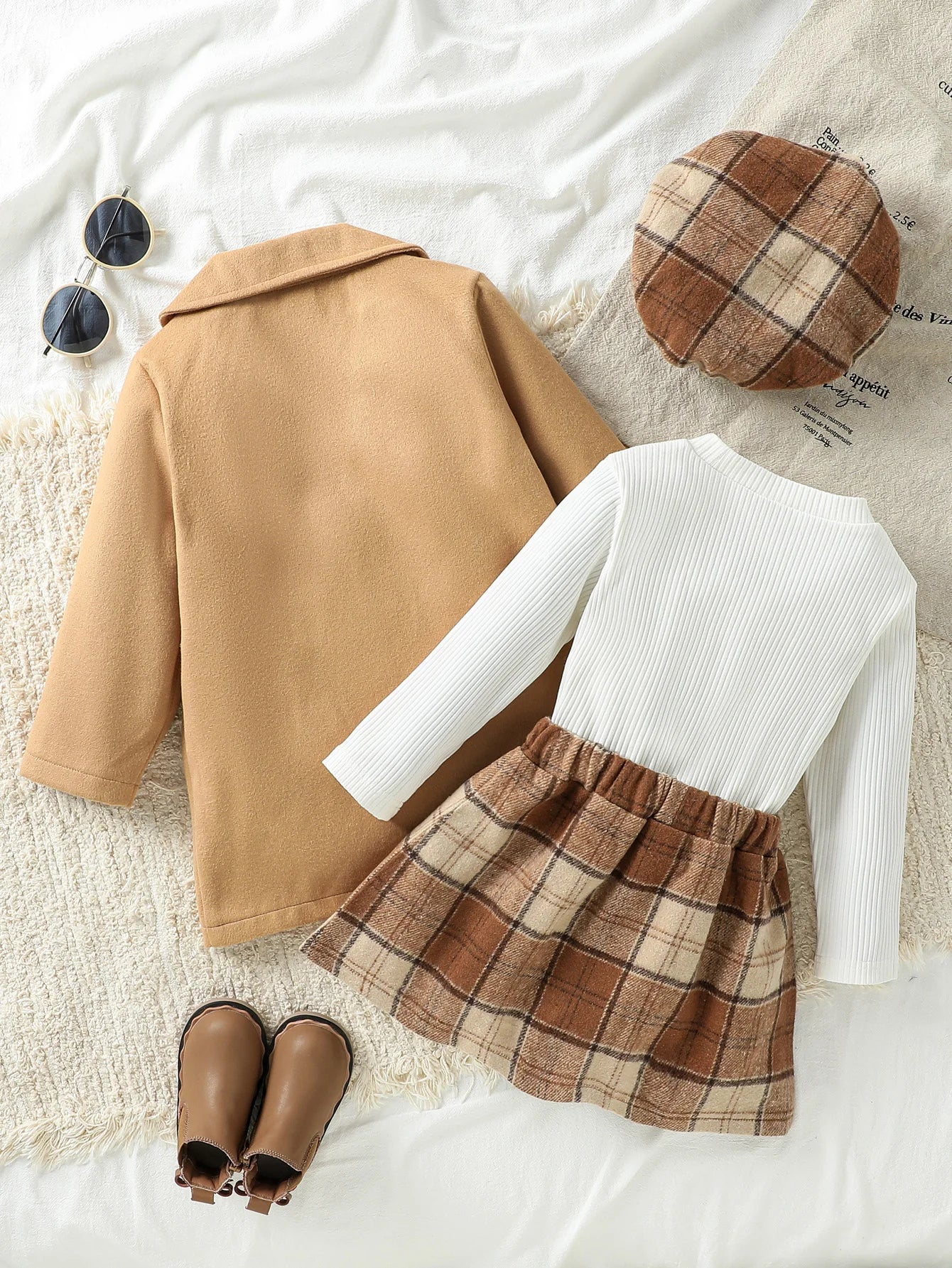 Kids 4Pcs Long Sleeve Wool Coat +Solid Tops+ Plaid Skirt Set Warm Autumn /Winter Children Active Clothing Outfits For 1-6Y +Hat