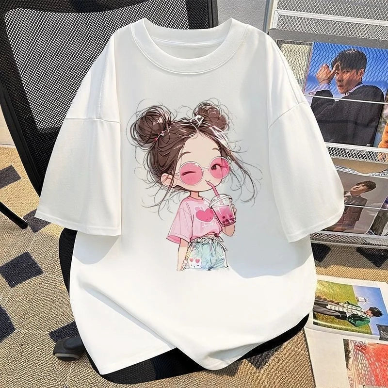 Cute Girls Pure Cotton Printed Short Sleeve T-Shirt Crew Neck Kids Summer Casual Top Big Middle Child Breathable Trendy Tee