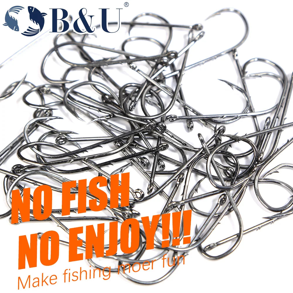 B&U 50pcs/lot Fishhooks High Carbon Steel Long And Straight Shank Barbed Fishing Hooks For Fresh And Saltwater Fishing