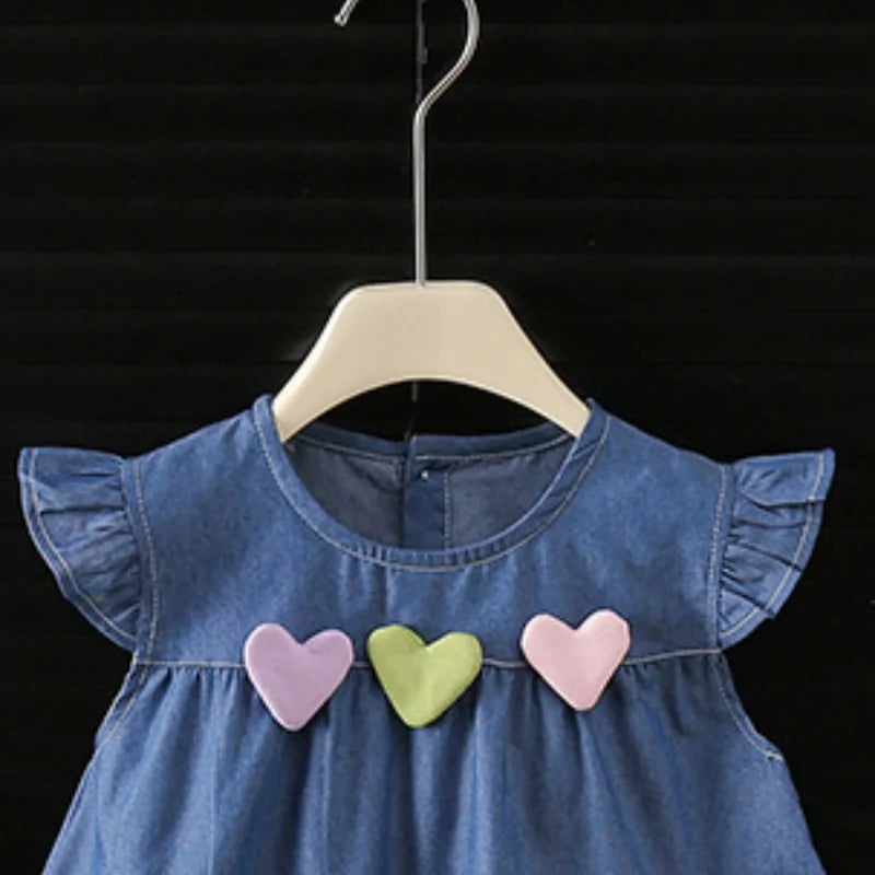 Kids Clothes Summer Girls Dress Denim Thin Sundress Sweet Sleeveless Heart Dresses Outdoor Children Clothing