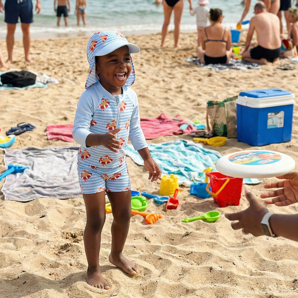 Boys' Rash Guard Set, 3 Piece Quick Dry Swimsuit Suit, Crab Print Long Sleeve Tops Swim Trunks Sun Cap Bathing Suit 0-5T