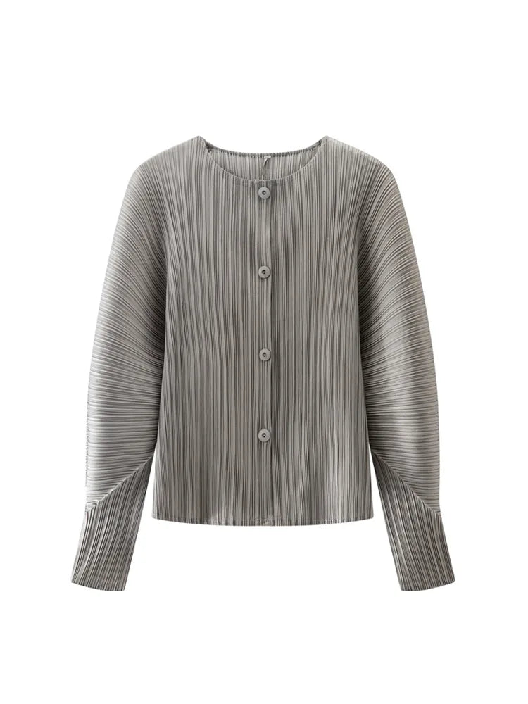 Miyake Pleated Solid Color Round Neck Cardigan Short Jacket for Women Long Sleeve Spring 2025 New Fashionable Age-reducing Top