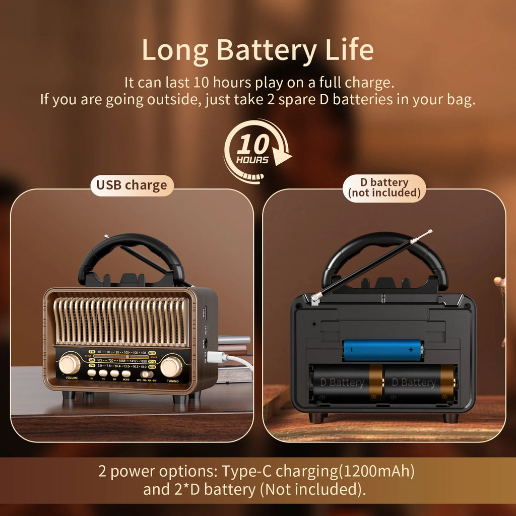 Retro Wireless Radio Portable AM/FM/SW with USB Rechargeable Battery With antenna, AUX and TF card playback, suitable for home