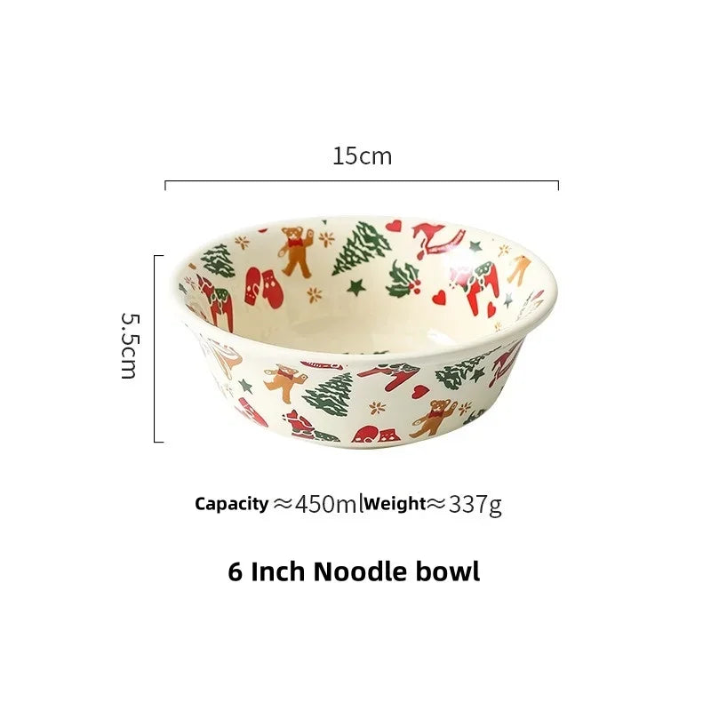 Christmas Ceramic Tableware Retro Bowls Plates Water Cup Breakfast Dessert Noodle Bowls Coffee Milk Cup Microwaveable Xmas Gift