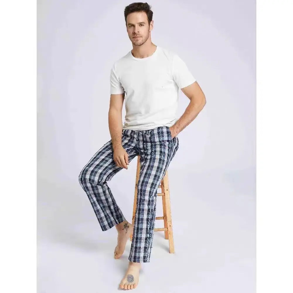 Good-Looking Men's Pajama Pants for Spring, Autumn, and Summer, Thin Long Pants, Plus Size, Loose Plaid Home Pants for Middle-Aged Dads