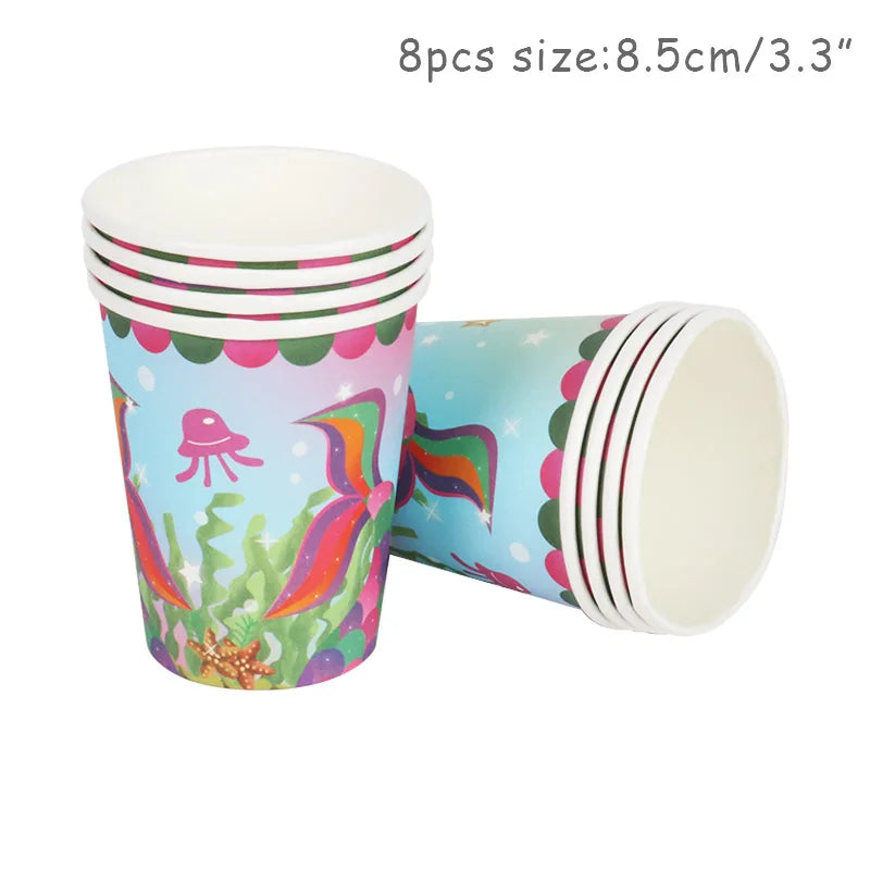 Mermaid Themed Party Disposable Tableware Purple Paper Plate Cup Knife Fork Spoon Girls Birthday Party Supplie Baby Shower Decor