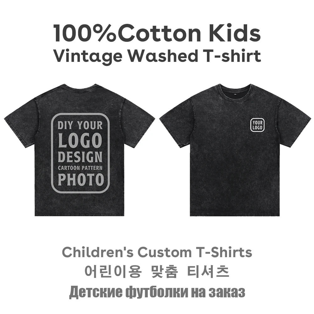 Kids Clothes Vintage Washed Custom T-shirt,DIY Your Design,Logo,Photo,Cartoon,Graphic T-shirt for Boys Girls Children's Clothing