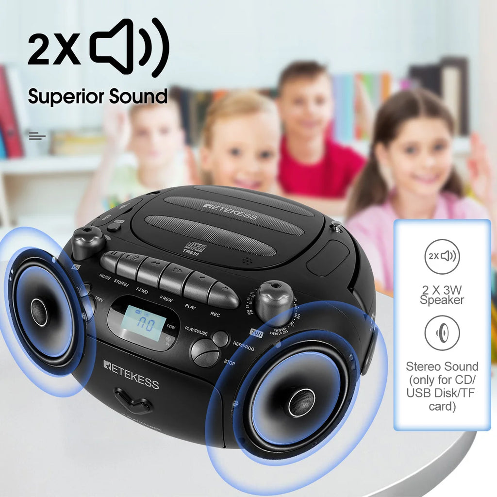 RETEKESS TR630 CD Player Boombox Stereo Portable Radio FM AM Cassette Tape 3W Speaker TF USB Recording Remote Control for Home