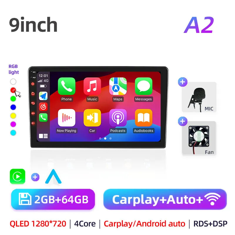 Car radio with GPS Multimedia player with Android 12 7/9/10''2 Din Universal Stereo Carplay AUTO for Volkswagen, Nissan, Hyundai
