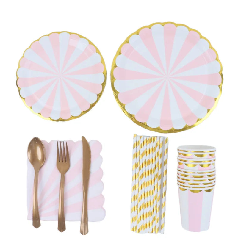 10 pcs Disposable  Paper Plates & Cups Set with Elegant Gold Rim Ideal Birthday Decorations and Cake Serving Party Decorations