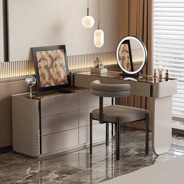 Modern Vanity Desk Dressing Vanity Table with Smart LED Mirror Luxury Makeup Set Includes Expandable Side Cabinet with 6 Drawer