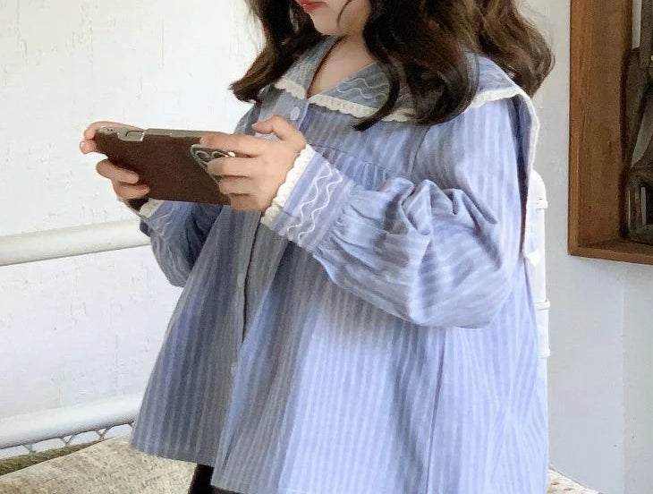 Korean Children's Clothing Girls' Shirt for Spring and Summer 2026 Blue Stripe Long Sleeved All-match Kids Shirt