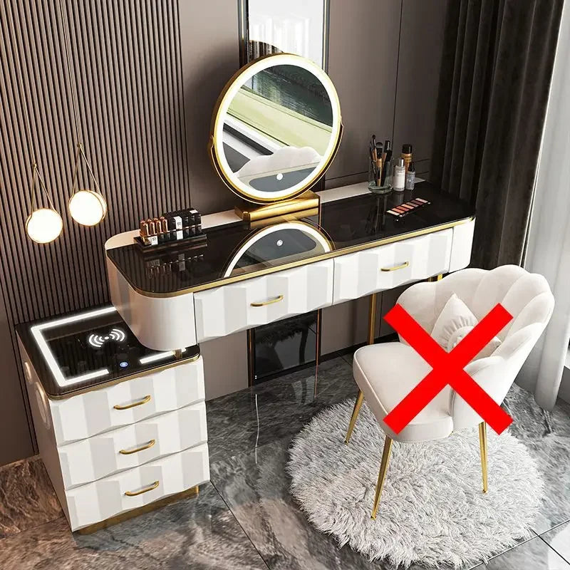 Makeup Vanity Desk with Wireless Charging Station and Bluetooth Speaker, Dressing Table with Tempered Glass Desktop,Vanity Set