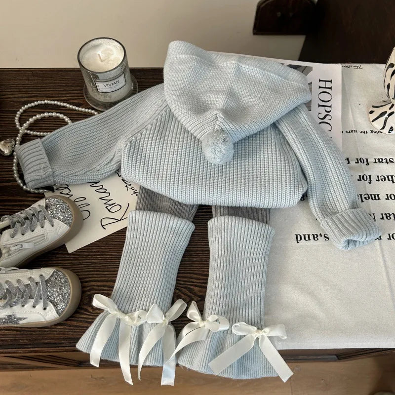 Korean-style Kids' Clothing 2025 New Autumn Girls' Hooded Knit Sweater with Yarn Leggings and Slouchy Socks Two-Piece Set Trendy