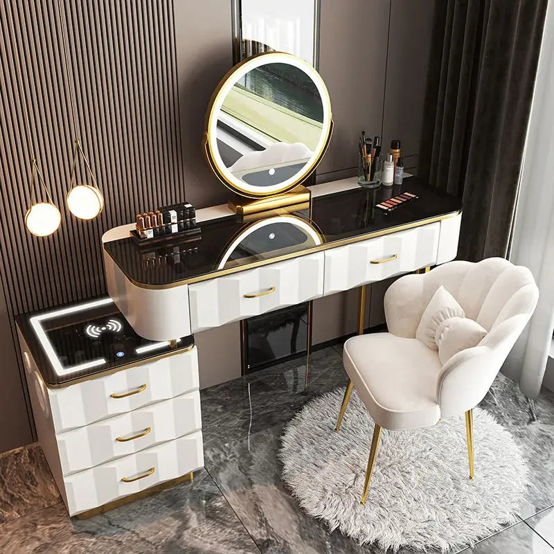 Makeup Vanity Desk with Wireless Charging Station and Bluetooth Speaker, Dressing Table with Tempered Glass Desktop,Vanity Set