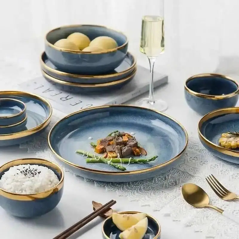 1Pcs Ceramic Dishes Steak Dessert Dinner Plate Blue Gradient Salad Soup Bowl Plates Tableware