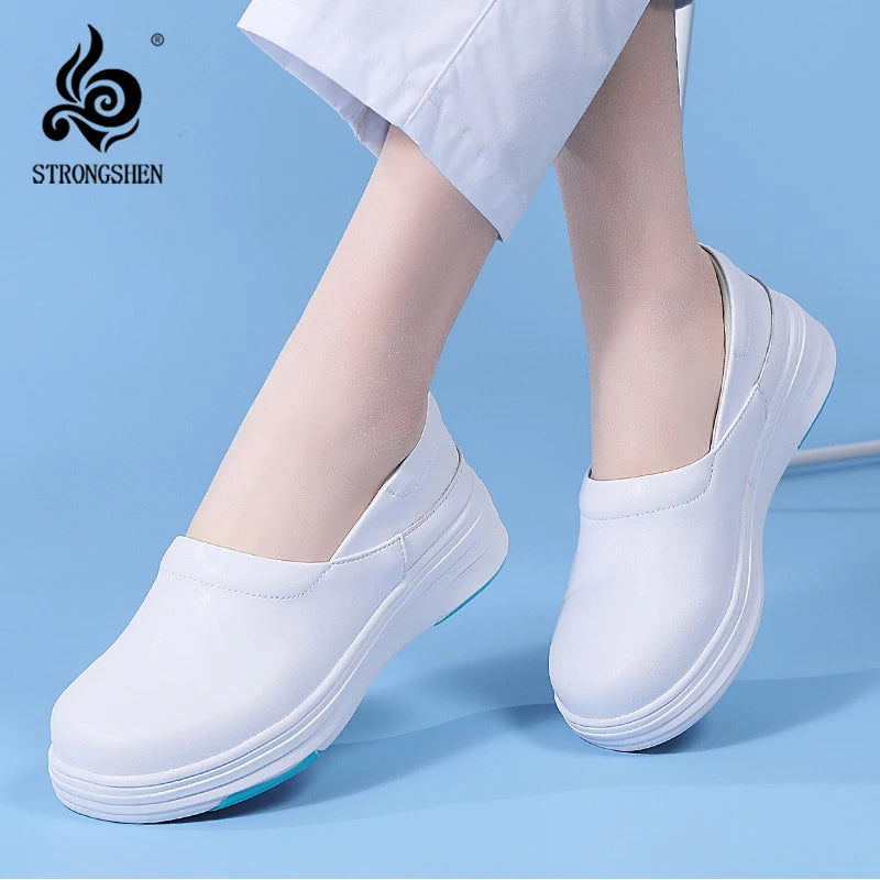 Women Nurse White Shoes Waterproof Comfortable Walking Shoes Breathable Female Footwear Platform Lightweight Slip-On loafers