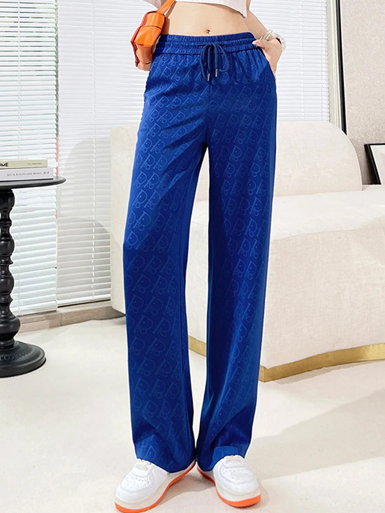 Summer Satin Letters Print Pants Women Casual Streetwear Loose Hight Waist Fashion Straight Trousers Pantalon Pour Femme New 4XL