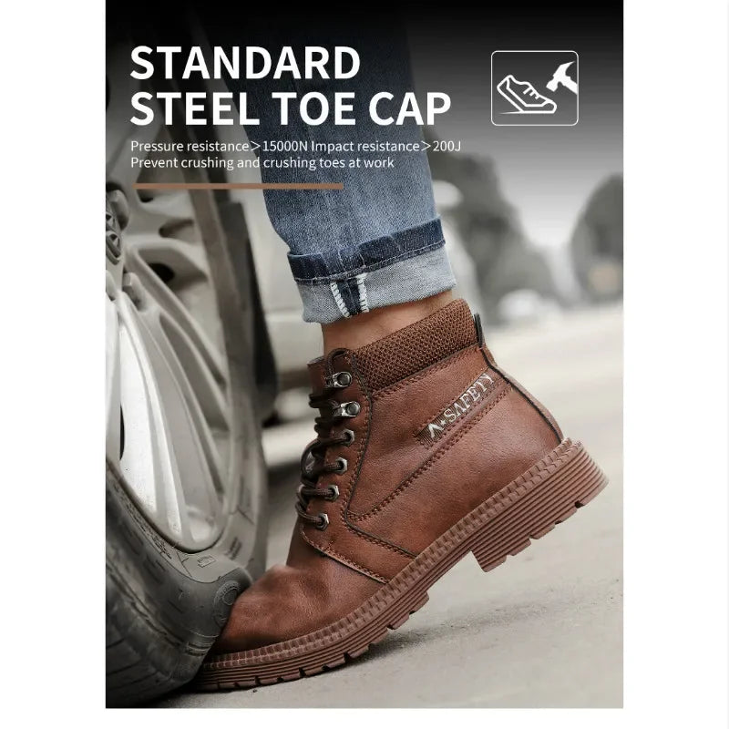 Mens Work Boots 2025 Fashion Outdoor Leather Steel Toe Indestructible Shoes Men Anti Slip Puncture Proof Safety Shoes Boot Man