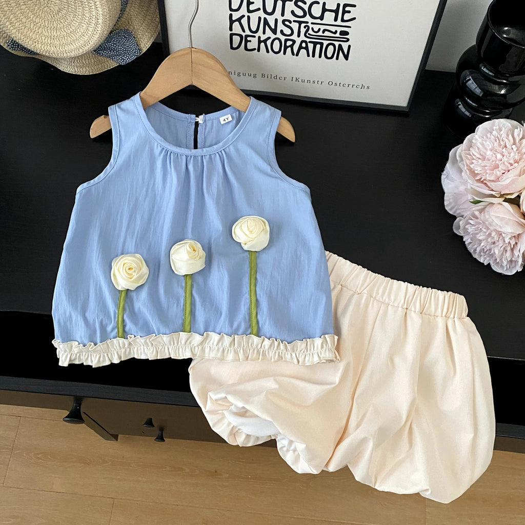 Kids Clothing Sets New Summer 3D Flower Sleeveless Tank Top + Floral Bud Shorts Girl Clothing Suits