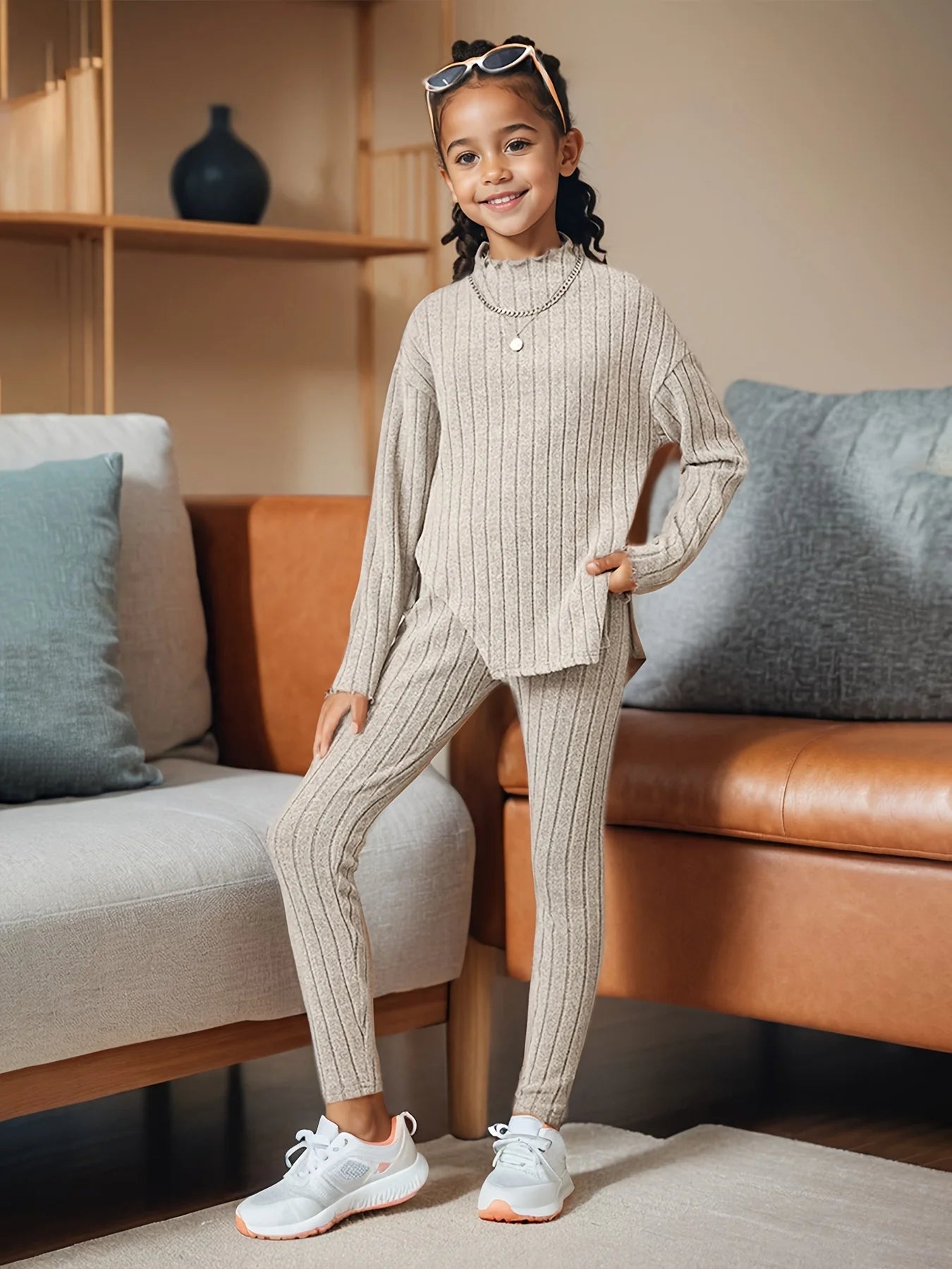 Children's Clothing Ins Girls Autumn Outfit Set Girls Long Sleeve Split Knit Top Skinny Pants Two-Piece Kids Fall Winter Solid Clothes