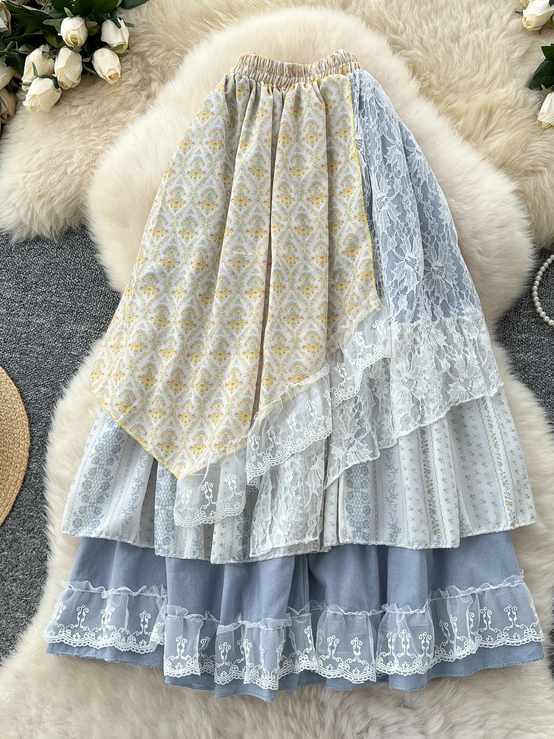 Sweet Forest System High Waist f Skirt Women's Summer New Design Lace Splicing Floral Asymmetrical Fairy Skirt