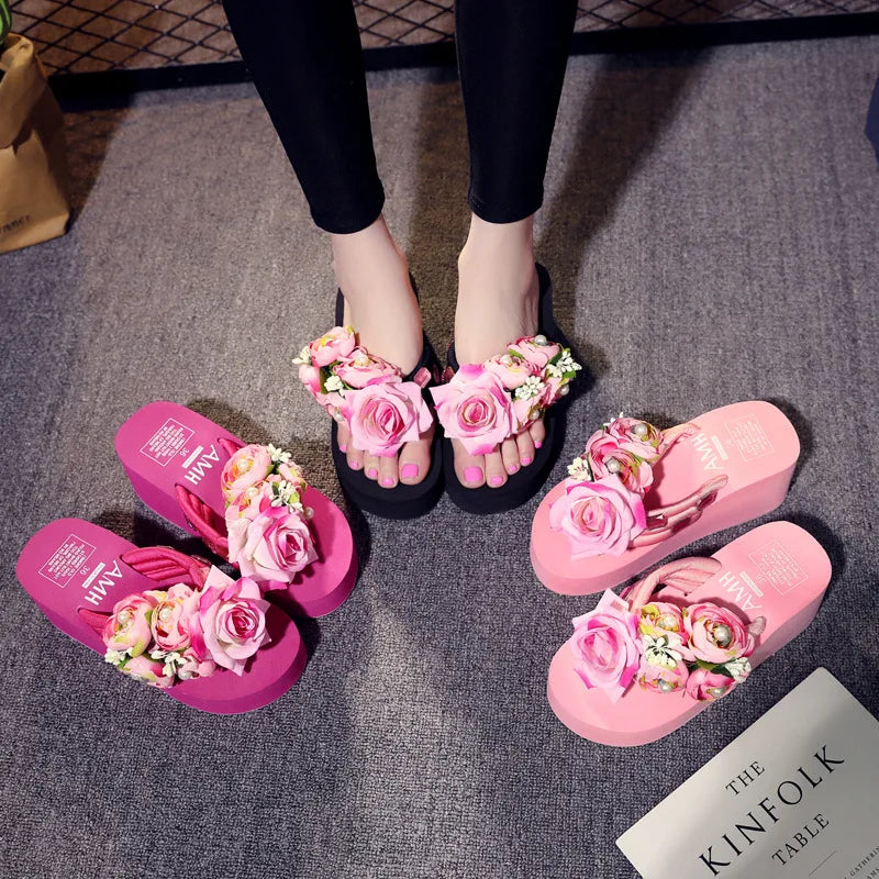 Slippers Women Handmade Slippers Summer Flip Flop Flowers Female High Heel Ladies Bohemia Beach Sandal Slippers Home Slippers