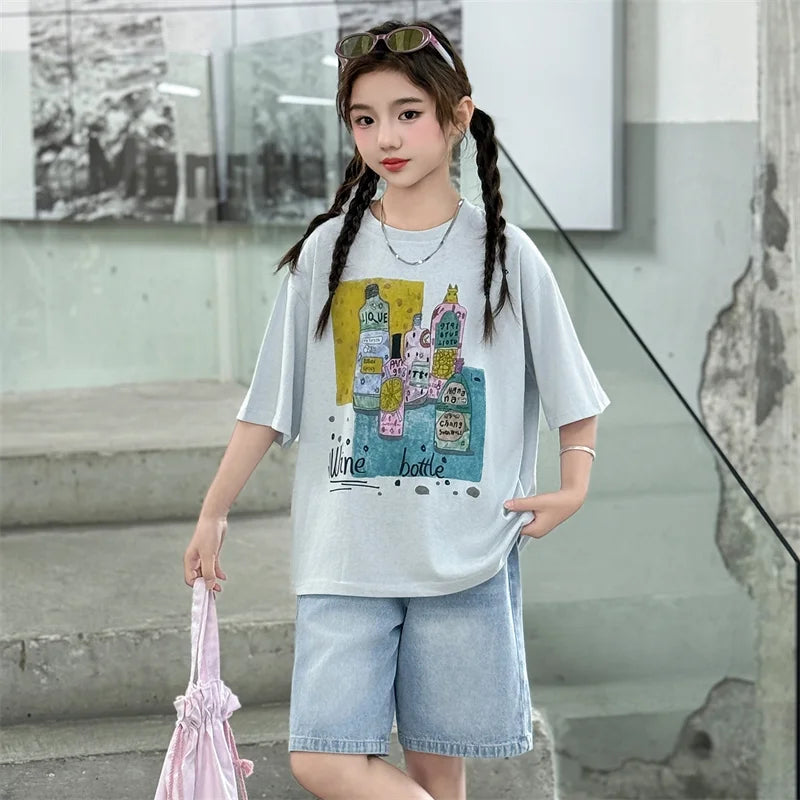 Kids Luxury Clothes Set for Girls from 5 to 14 Years Summer Suit Children Print T-shirt Shorts Two Pieces Outfit Clothing Set