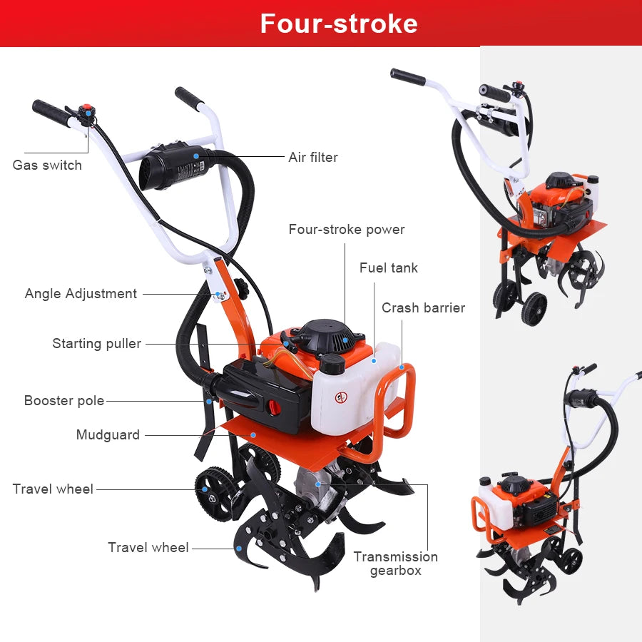 4-Stroke/2-Stroke Micro Tiller Gas-Powered Garden Cultivator Rototiller for Small Farm Land Soil Cultivation Weeding