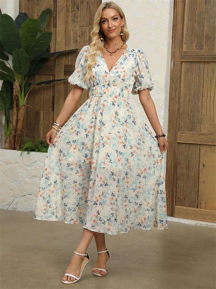 Msfilia Fashion V Neck Floral Dress Women's Midi High Waist A Line Chic Print Retro Lantern Sleeves Summer Long Dress