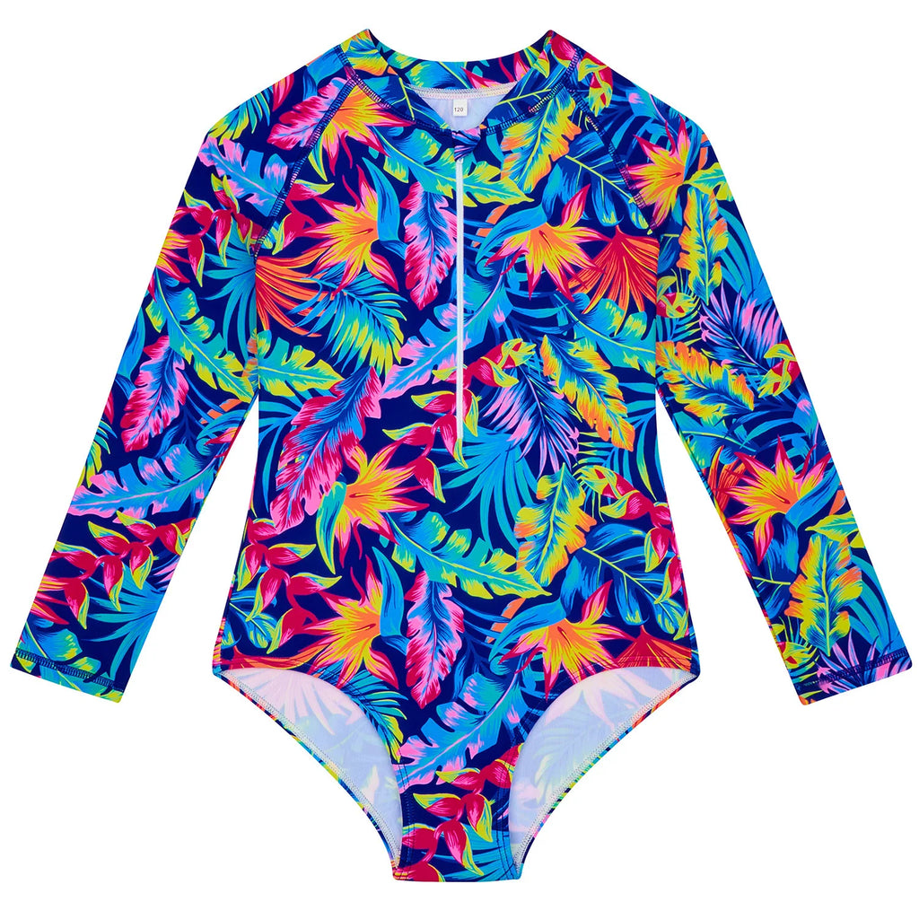 Kids Bathing Suits One-Piece Swimsuit For Girls Long Sleeves Girls Swimwear Surf Suit for Beach and Water Sports For 2 To 10Y