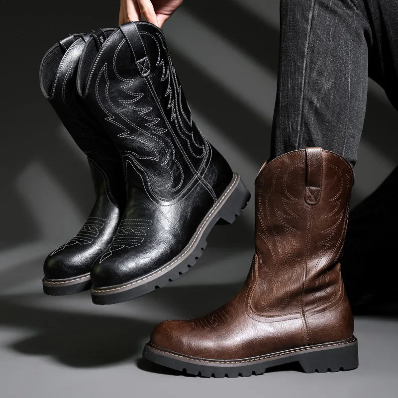 Fashion Mens Cowboy Boots New Embroidery Vintage Knight Boots Winter Men's Snow Boots Motorcycle Boot Men Shoes Zapatos De Mujer