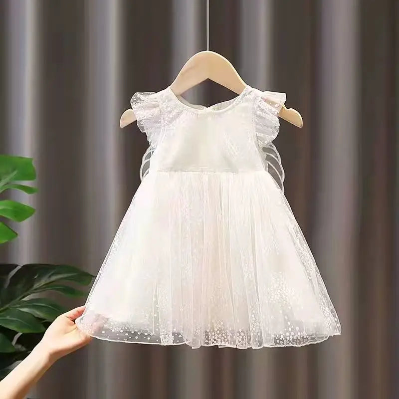 Girl dress polka dot princess dress baby white gauze dress Winged angel white gauze dress birthday party gifts 1-8T summer