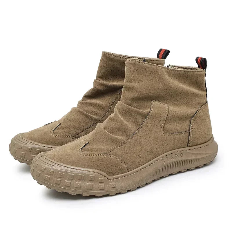 Men's Boots High Cut Workwear Shoes Autumn  Flat Zipper Pleated Non Slip Comfort Thick Soled Wear-resistant Fashion Boots