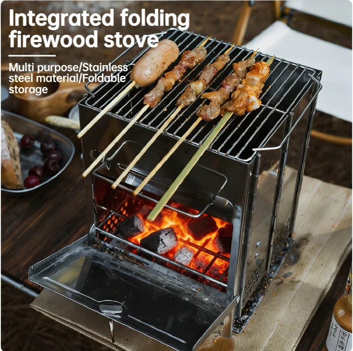 Outdoor camping heating stove,outdoor integrated folding portable storage stove,charcoal firewood stainless steel barbecue grill