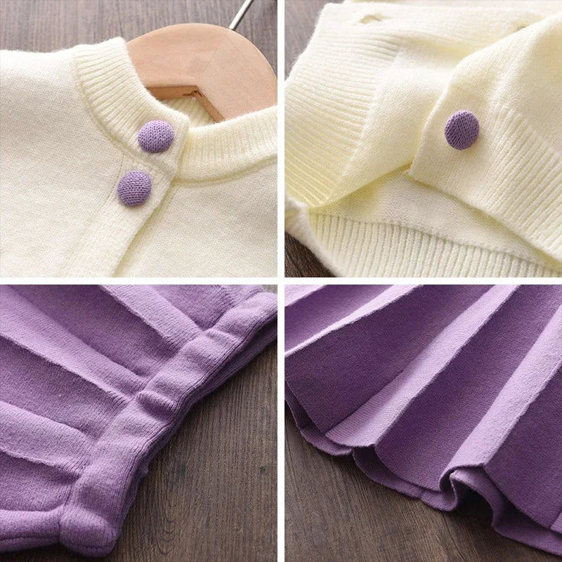 Kids Clothes Girls Winter Children's Clothing Cartoon Grape Strawberry Decoration Sweater Cardigan+solid Color Pleated Skirt Set