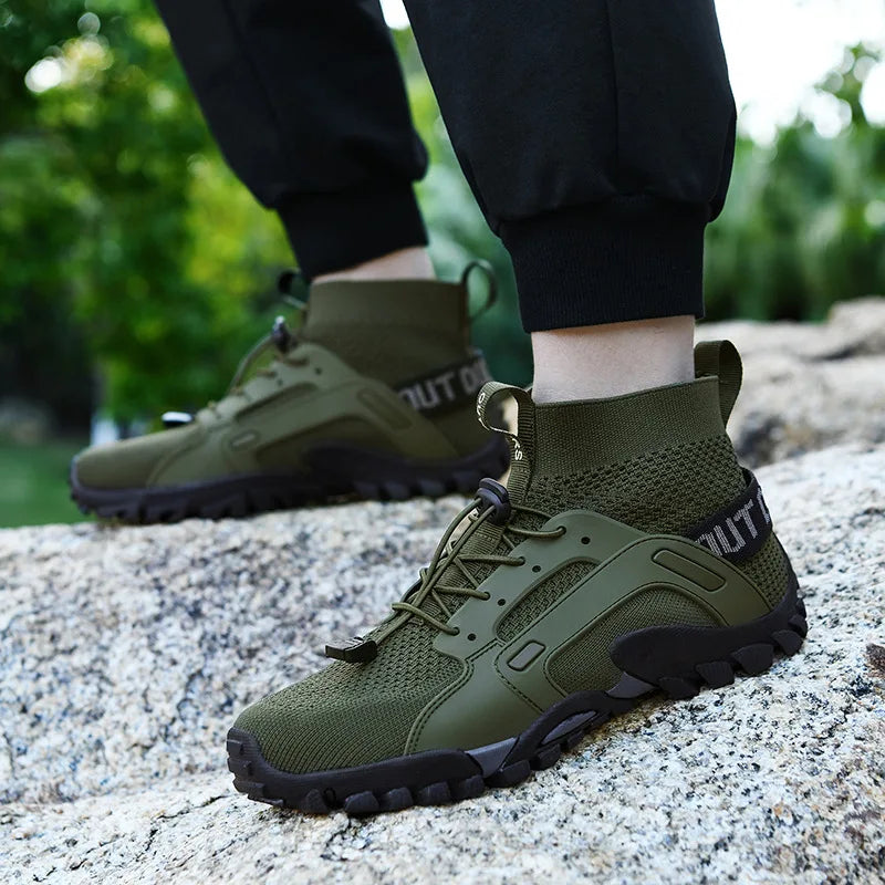 Men's Wading Sneakers High-Top Lightweight Slip Resistant Hiking Shoes Outdoor Breathable Mesh Ankle Boots Male Fishing Footwear