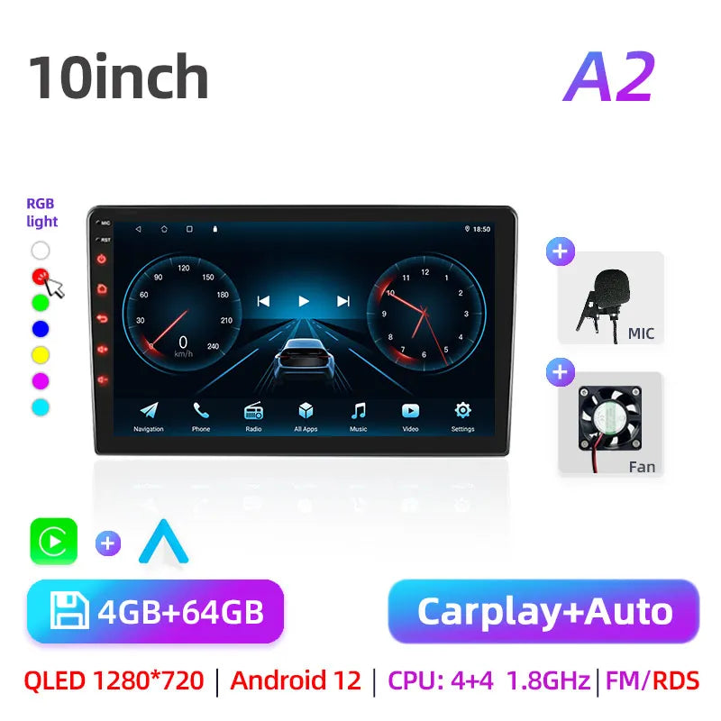 Car radio with GPS Multimedia player with Android 12 7/9/10''2 Din Universal Stereo Carplay AUTO for Volkswagen, Nissan, Hyundai
