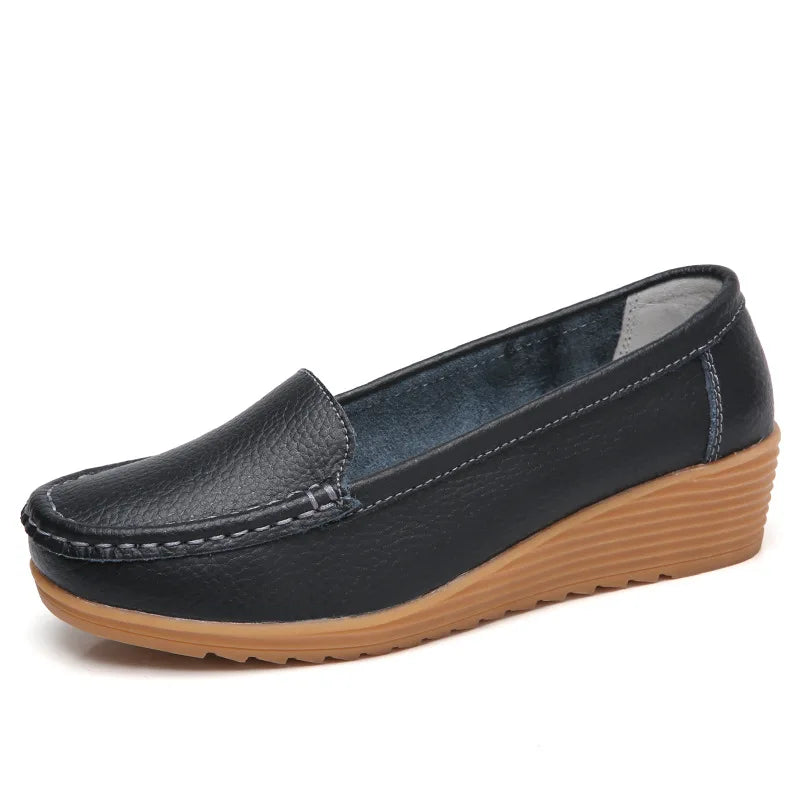 Women Shoes for Work Wedge Low Heels Casual Shoes Woman Slip-on Spring Autumn Genuine Leather Comfortable Female Shoes WSH2693