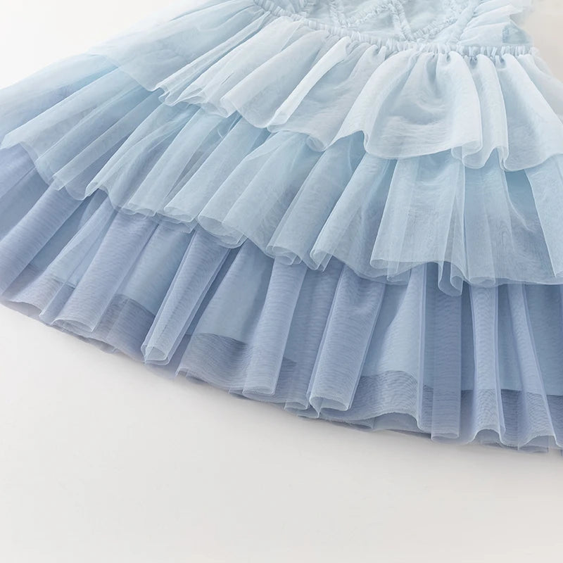 Dave Bella Girl's Princess Dress 2025 New Summer Children's Baby Sleeveless Blue Mesh Layered Dress Cute Sweet Party DB2240502