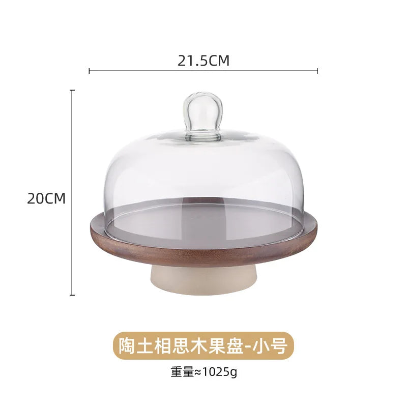 Modern Round Wooden Cake Tray with Glass Cover Dessert Bread Display Stand Fruit Snack Plate Kitchen Utensils Holiday Decoration