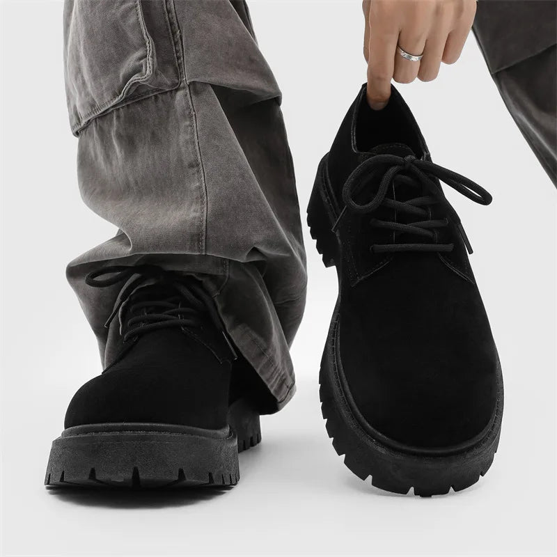 Mens Chunky Derby Work Boots Retro Lace-Up Suede Shoes Thick Sole Breathable Low-Top Industrial Casual Footwear for Men 2026
