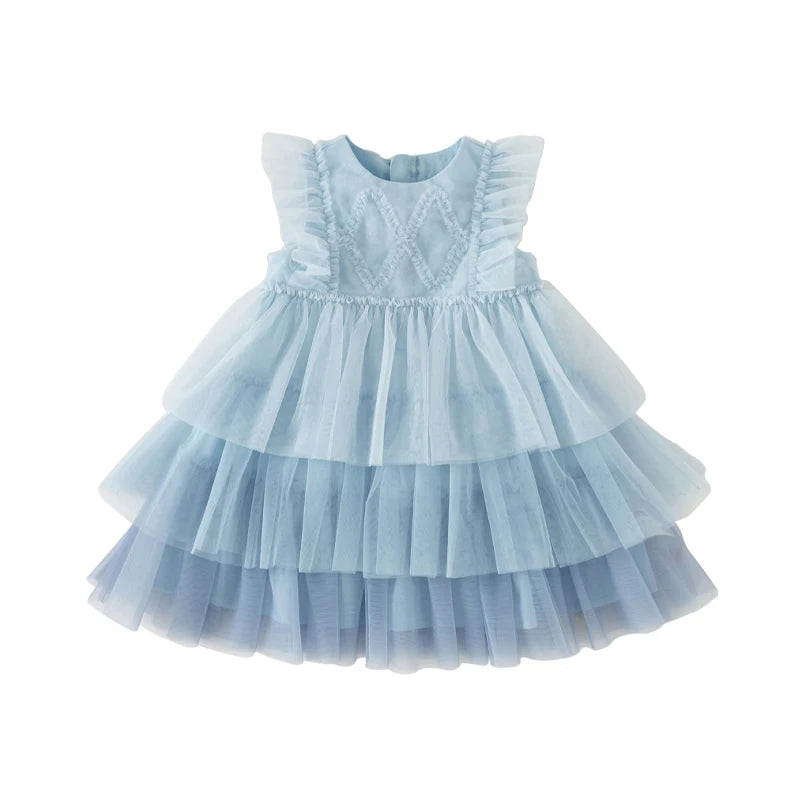 Dave Bella Girl's Princess Dress 2025 New Summer Children's Baby Sleeveless Blue Mesh Layered Dress Cute Sweet Party DB2240502