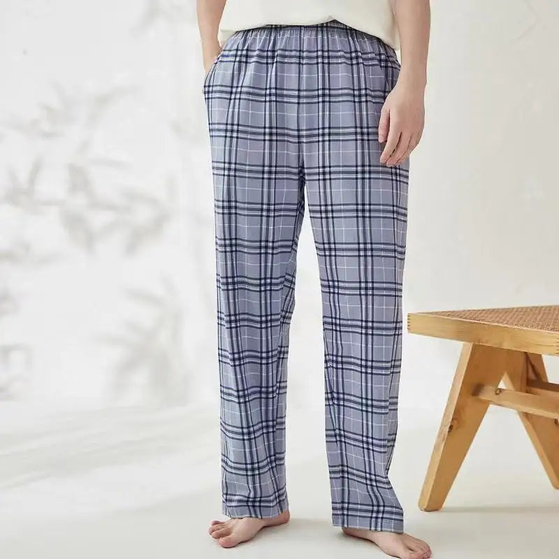Good-Looking Men's Pajama Pants for Spring, Autumn, and Summer, Thin Long Pants, Plus Size, Loose Plaid Home Pants for Middle-Aged Dads