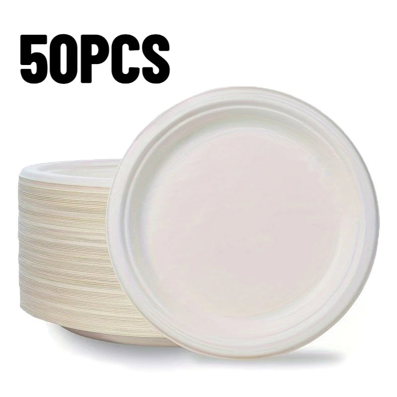 50PCS Disposable Paper Plates White Round Plates Cake Salad Dessert Party Picnic Home Kitchen Restaurant Dishes Daily Use