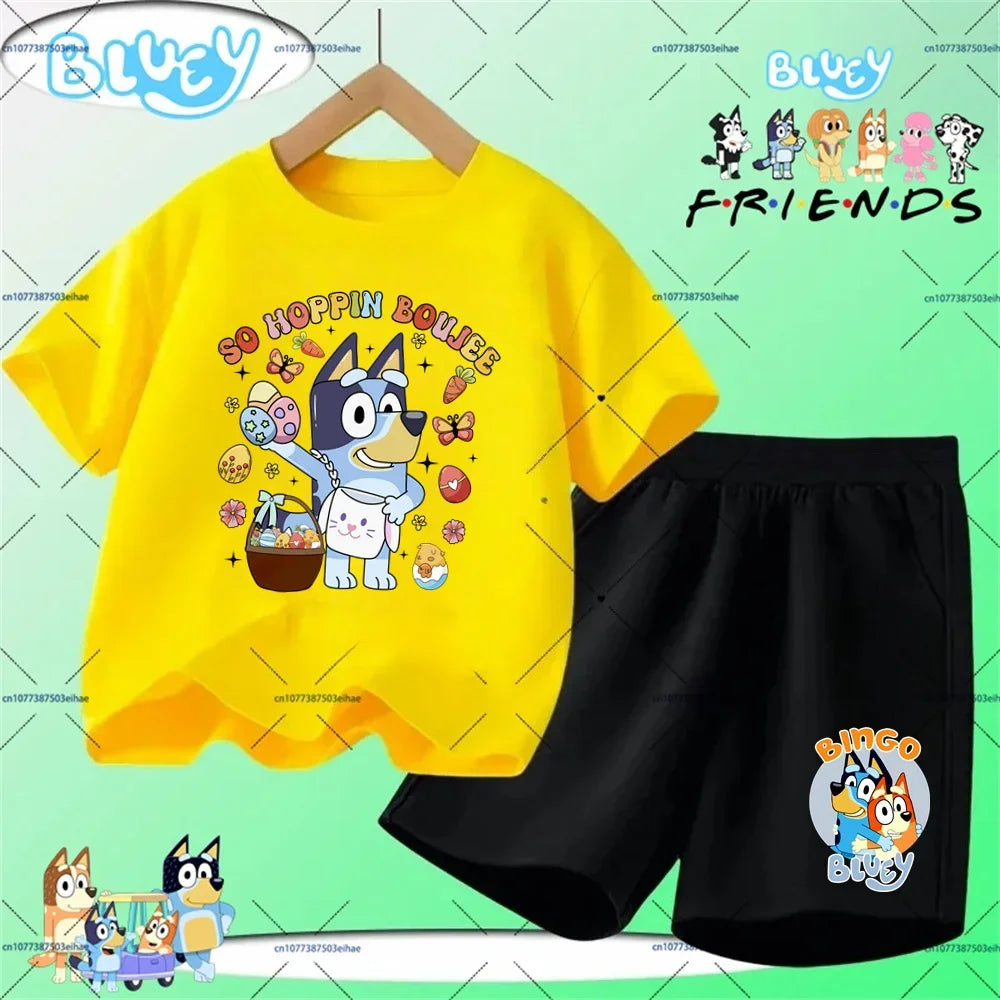 Kids Summer Casual Sports Outfit Bluey Cartoon Short Sleeve T-shirt & Shorts 2-Piece Set Soft Comfortable Children Clothing