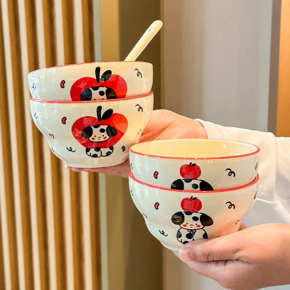 Cartoon Dog Pattern Ceramic Bowl Plates Home Kitchen Tableware Under-Glazed Color Porcelain Dining Bowls Restaurant Dinnerware